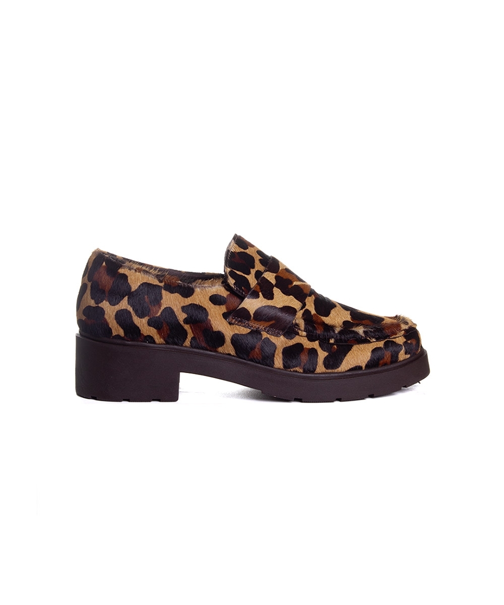 Mocassim Feminino Pixolé Salto Médio Couro Onça