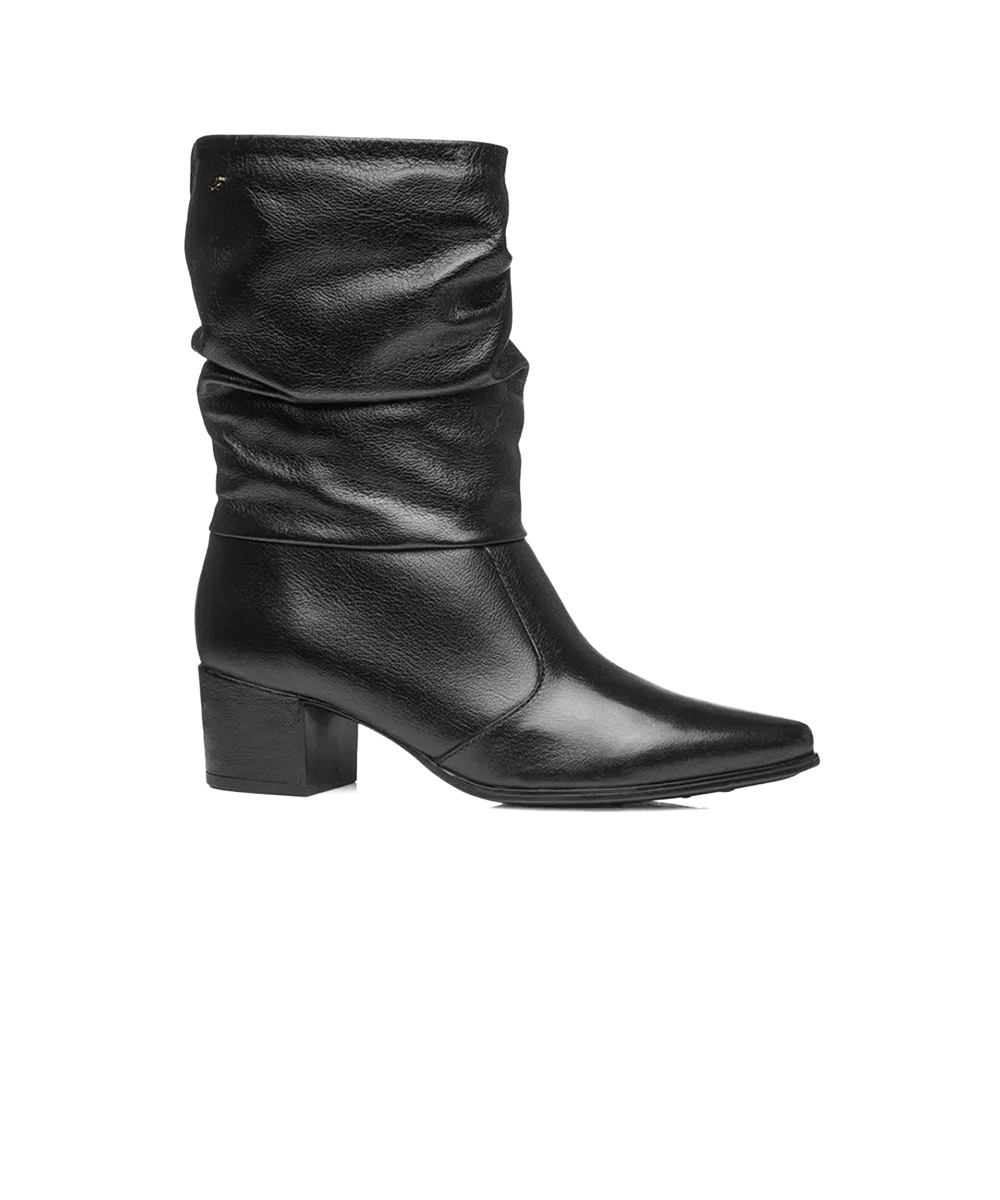 Bota Cano Médio Pegada Salto Baixo Couro Preto