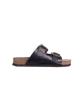 Tamanco Flat Pixolé Fivelas Couro Preto