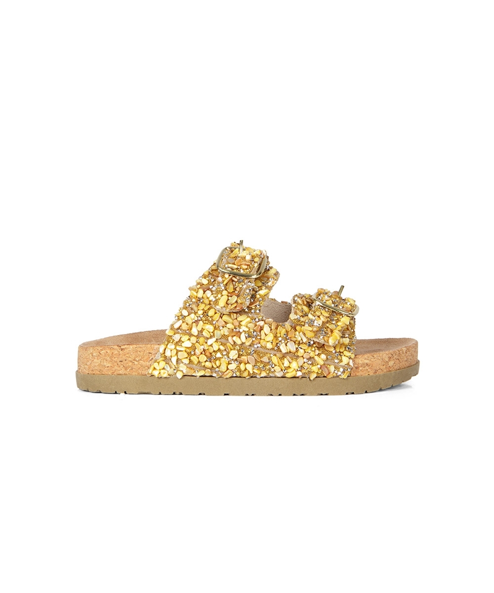 Tamanco Flatform Pixolé Pedriscos BEGE