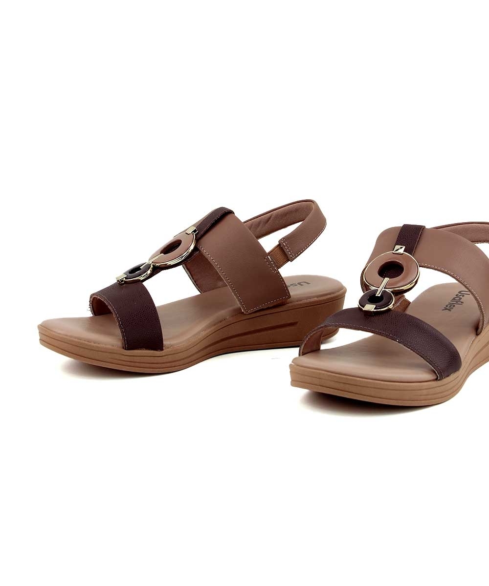 Sandália Usaflex Plataforma Enfeite Couro Camel