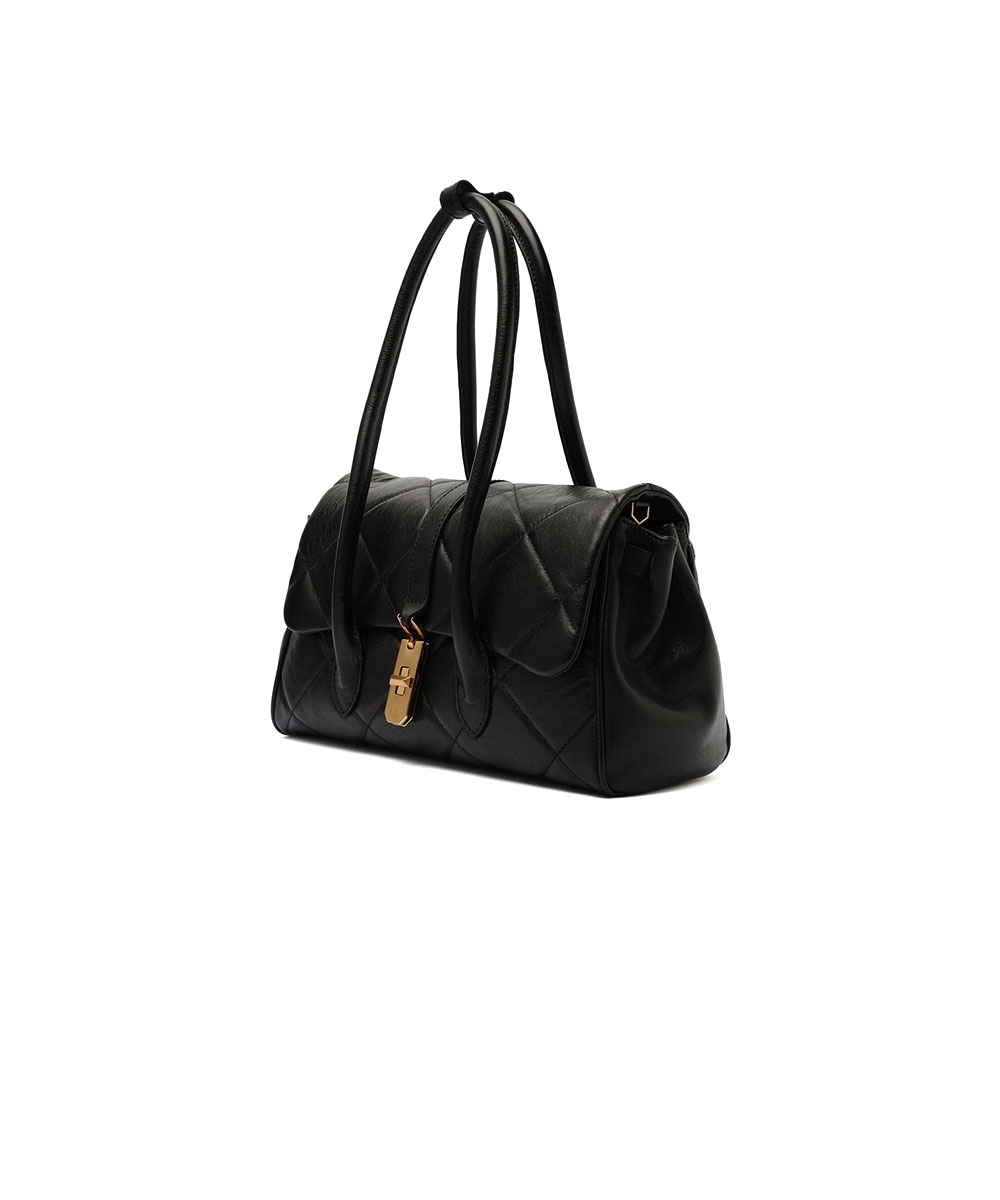 Bolsa Tiracolo Matelassê Grande Metal Couro Preto