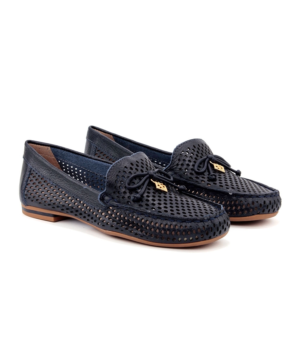 Mocassim Feminino Luz Da Lua Laço Couro Marinho