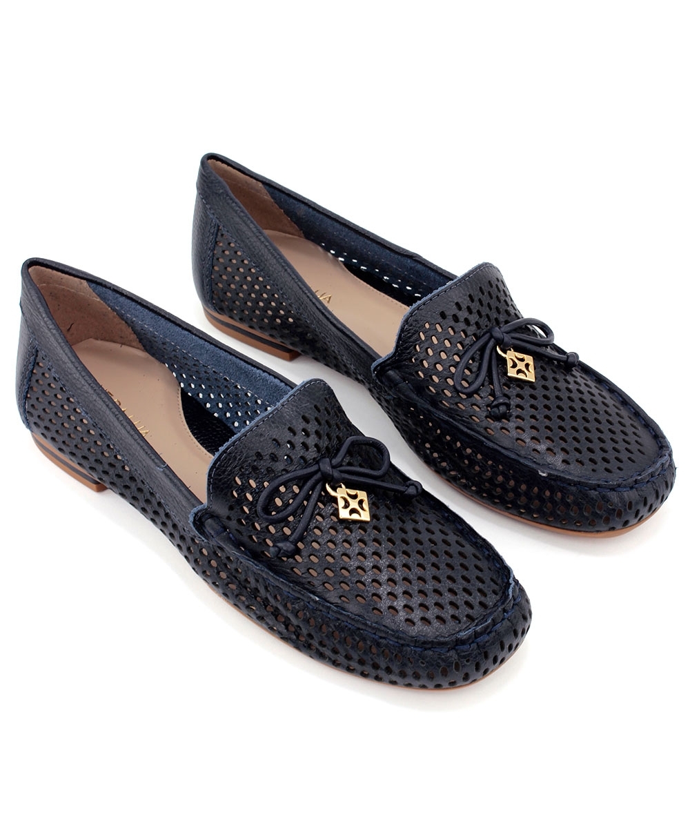 Mocassim Feminino Luz Da Lua Laço Couro Marinho
