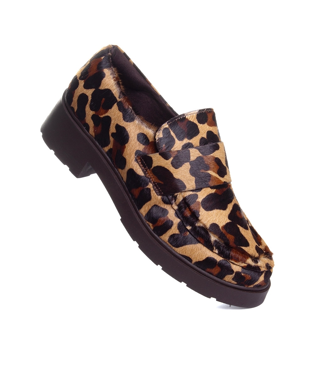 Mocassim Feminino Pixolé Salto Médio Couro Onça