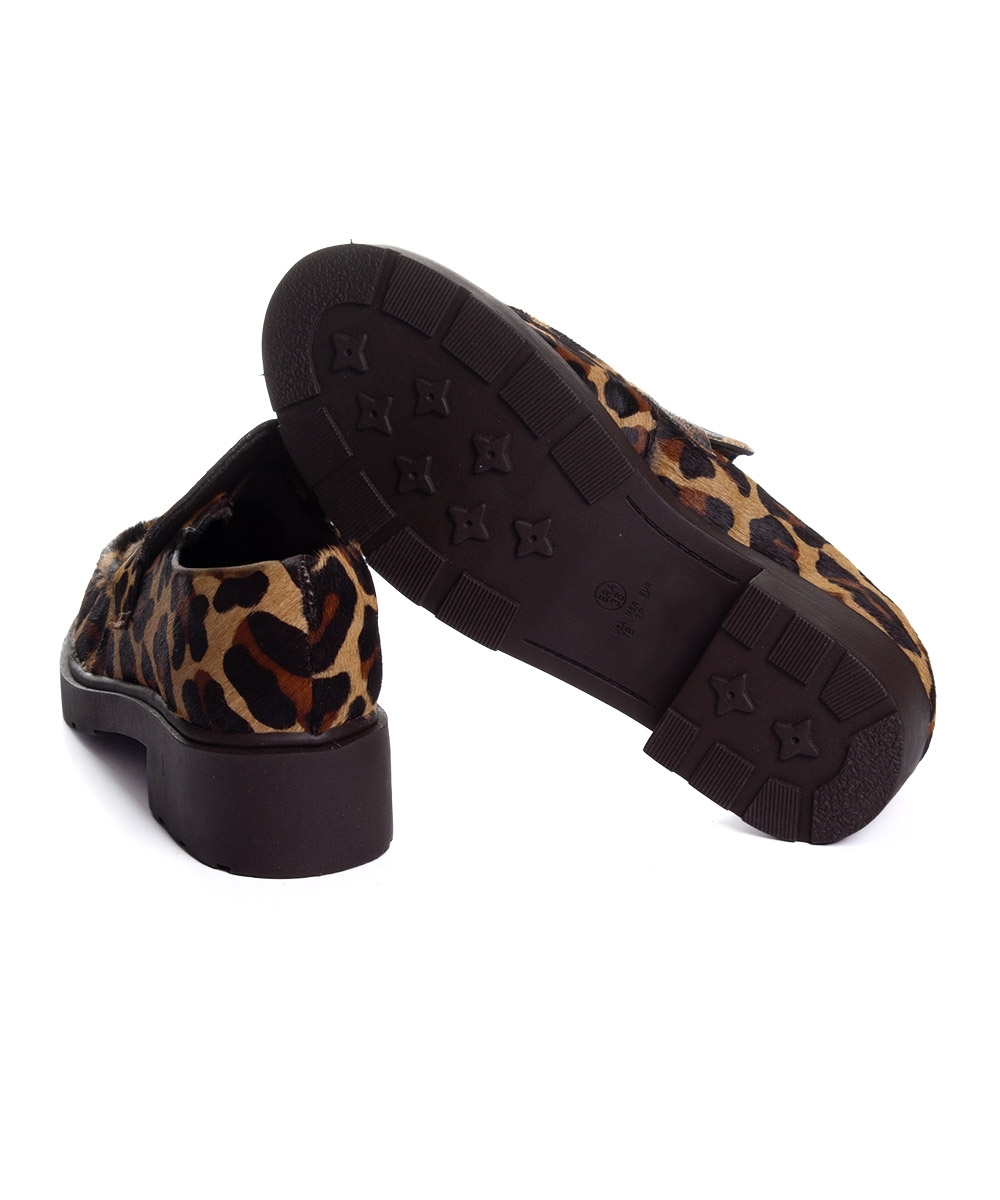 Mocassim Feminino Pixolé Salto Médio Couro Onça