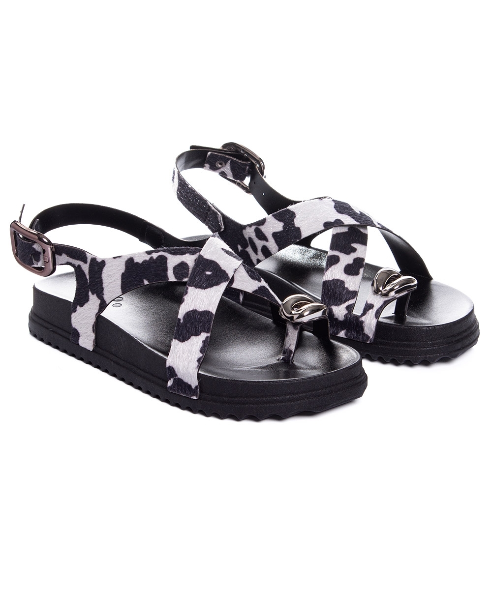 Sandália Flatform Pixolé Animal Print Branco/preto