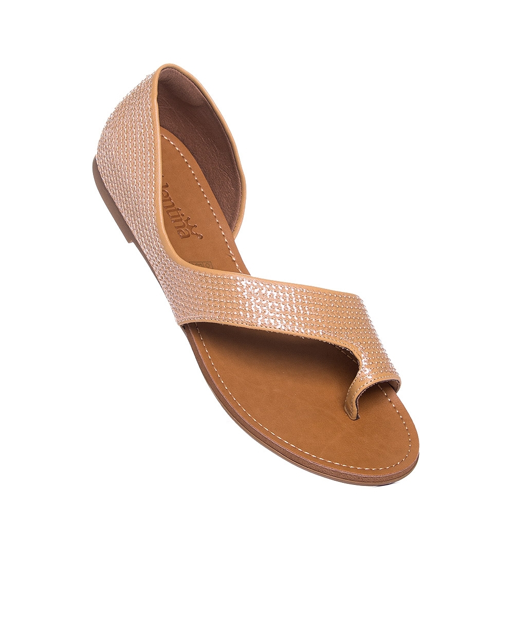 Sandália Rasteira Valentina Bordada Paetê Camel