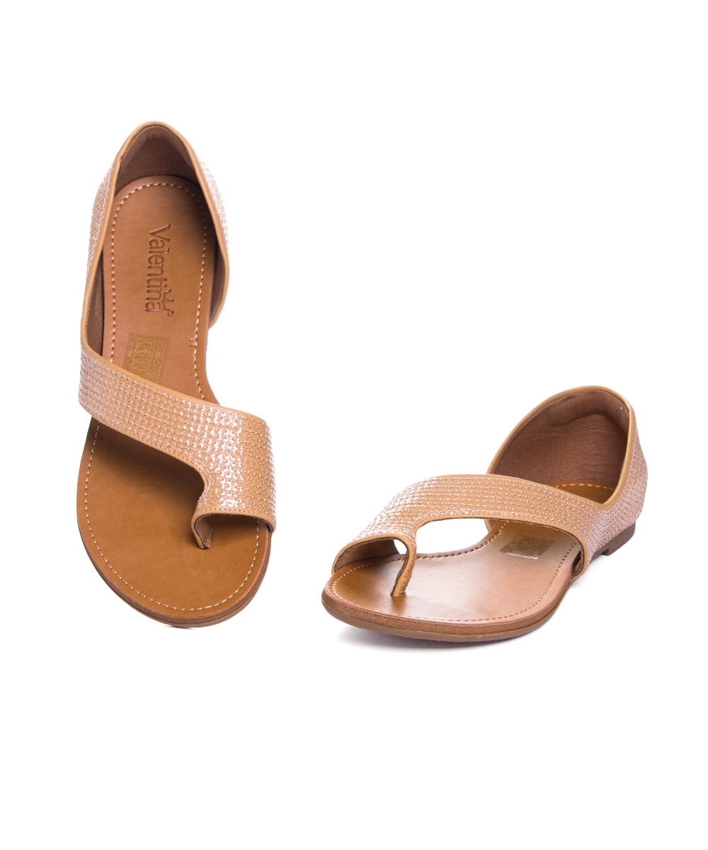 Sandália Rasteira Valentina Bordada Paetê Camel