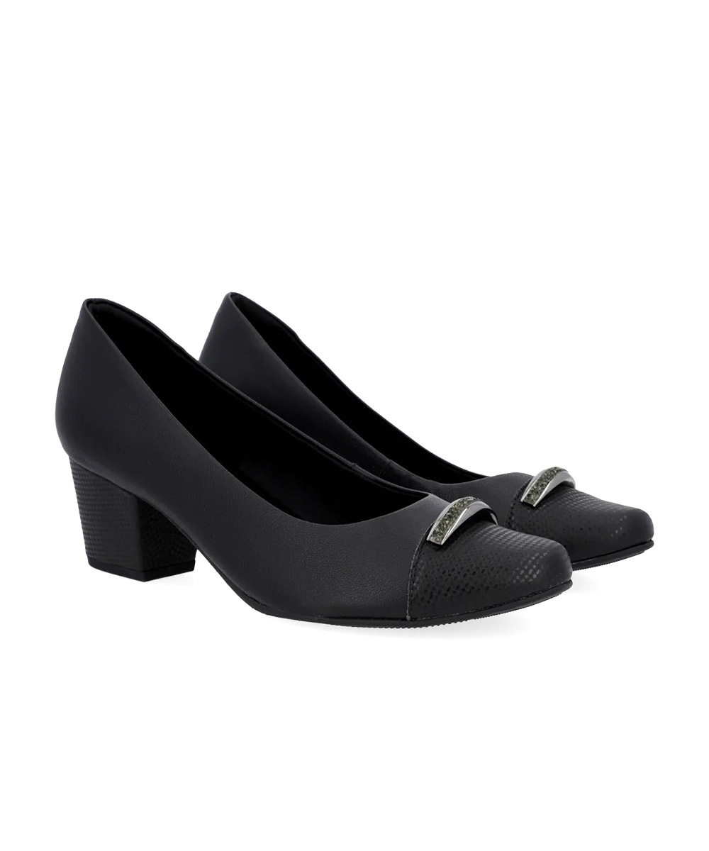 Sapato Scarpin Usaflex Salto Bloco Brilho Couro Preto