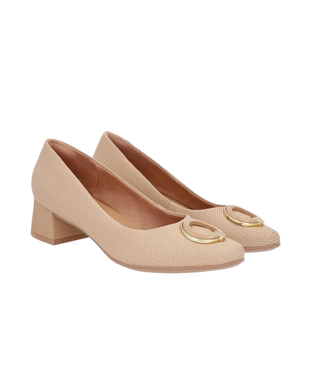Sapato Scarpin Usaflex Salto Bloco Couro Bege