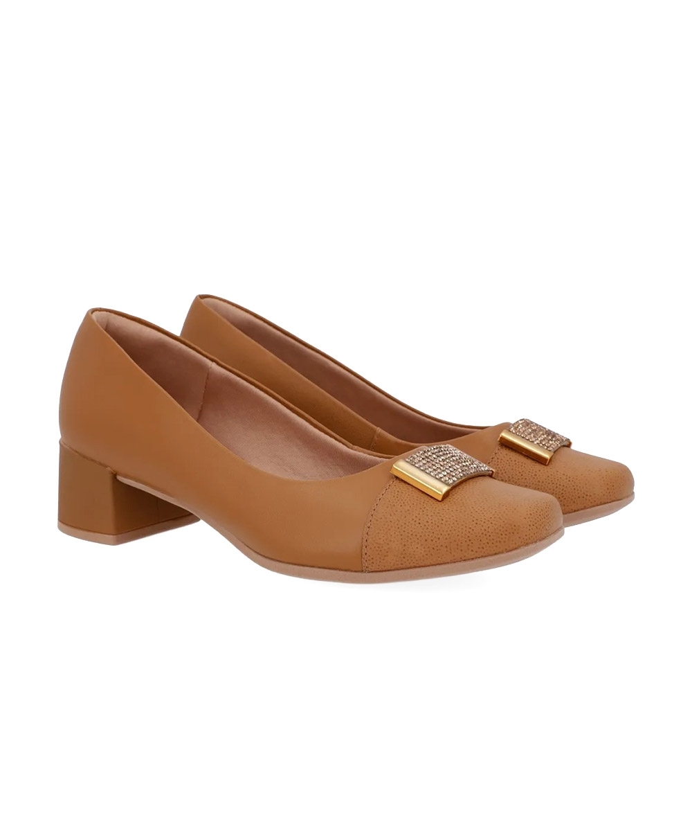 Sapato Scarpin Usaflex Salto Baixo Couro Caramelo