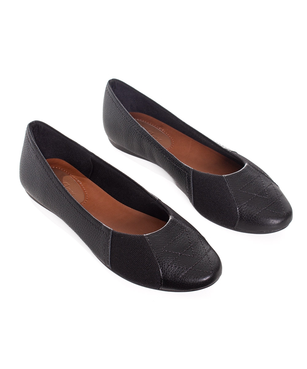 Sapatilha Feminina Usaflex Couro Bico Redondo Bordado Preto