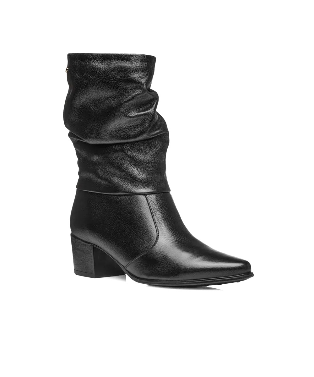 Bota Cano Médio Pegada Salto Baixo Couro Preto