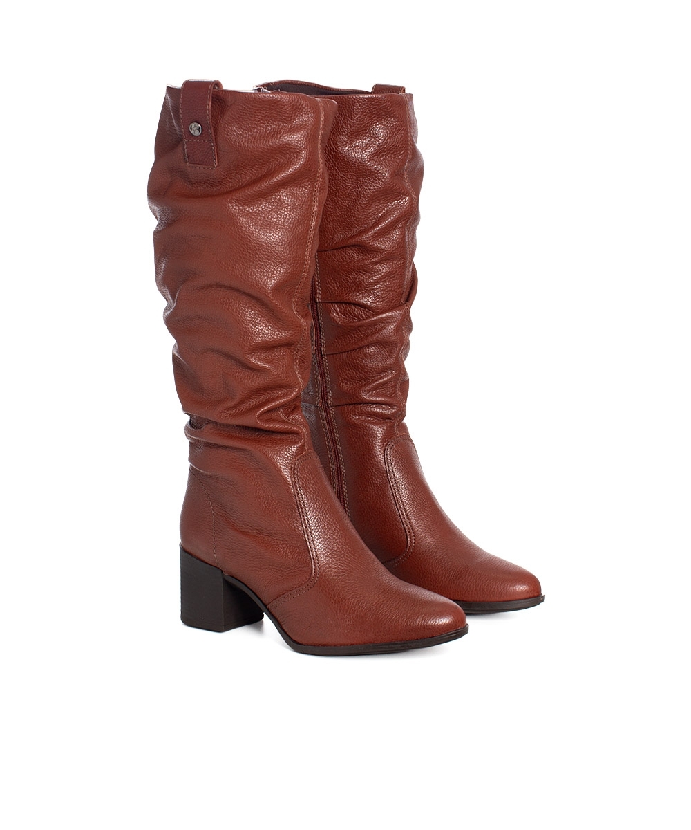 Bota Cano Longo Bottero Salto Bloco Couro Marrom