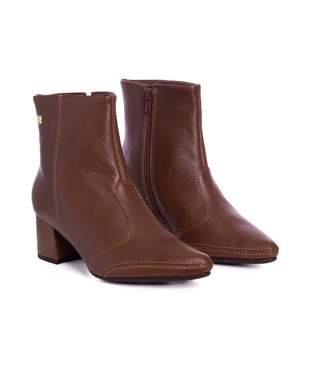 Bota Cano Curto Ramarim Salto Bloco Couro Marrom