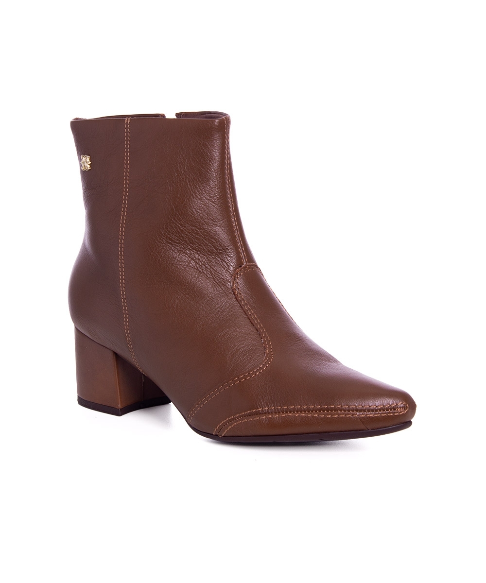 Bota Cano Curto Ramarim Salto Bloco Couro Marrom