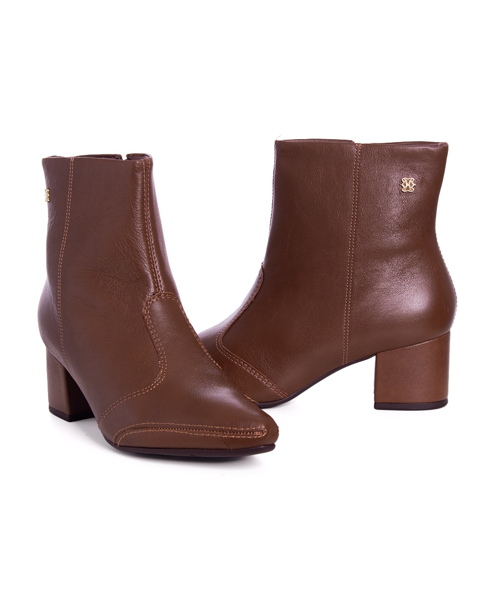 Bota Cano Curto Ramarim Salto Bloco Couro Marrom