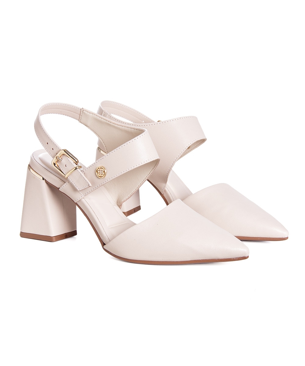 Sapato Slingback Bebecê Salto Bloco Bege
