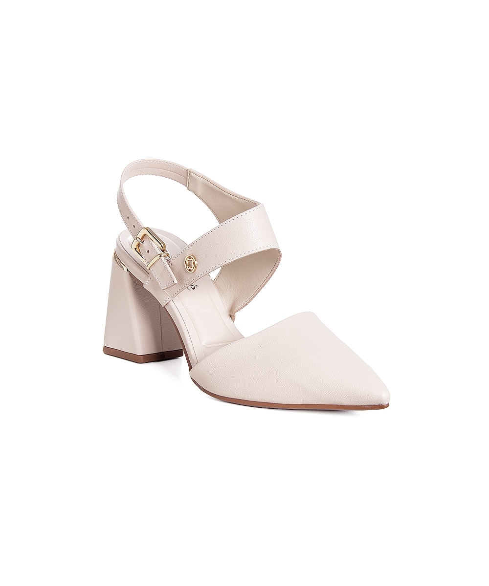 Sapato Slingback Bebecê Salto Bloco Bege