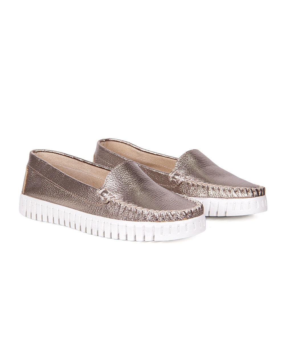 Mocassim Feminino Pixolé Couro Prata Velho