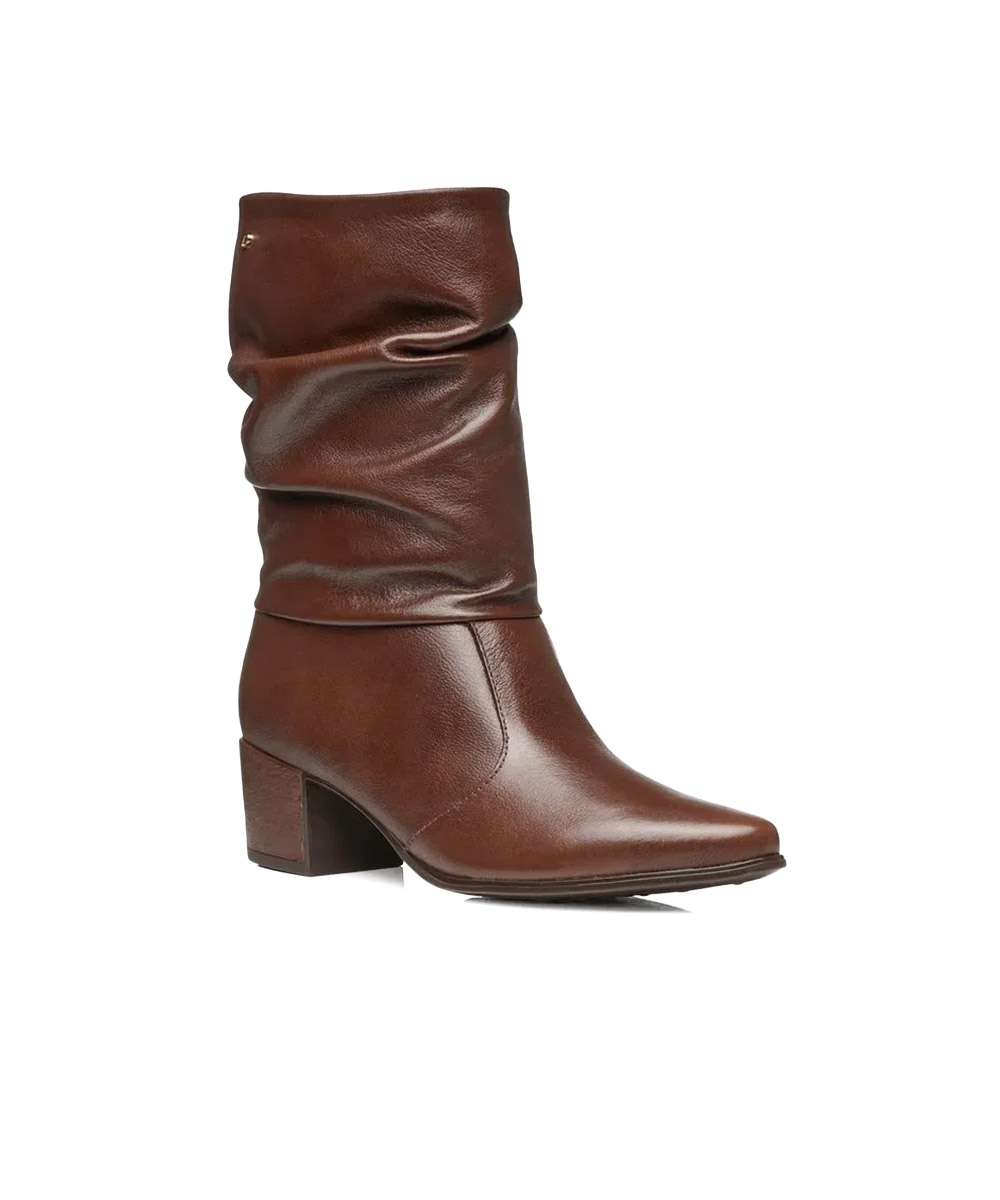 Bota Cano Médio Pegada Salto Baixo Couro Marrom