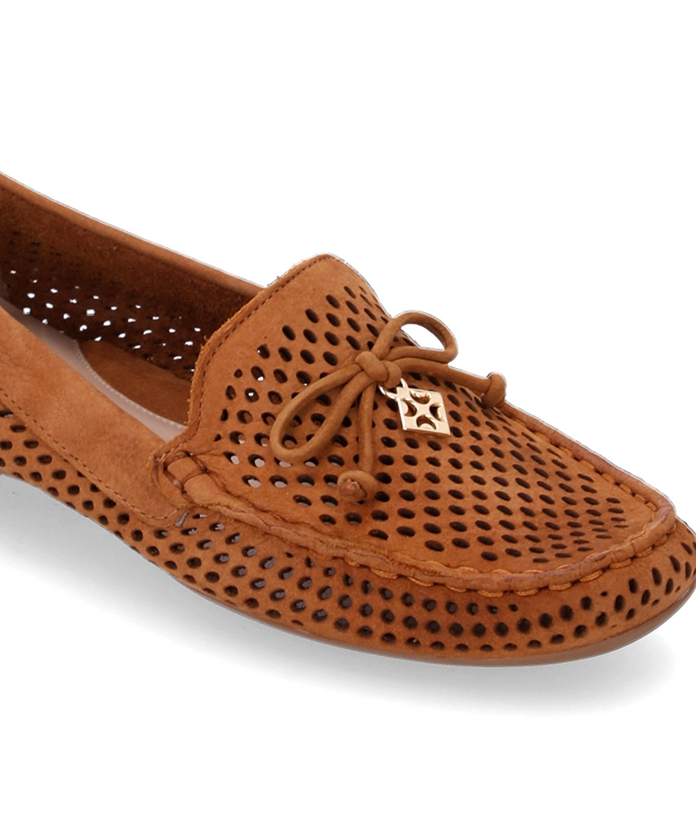 Mocassim Feminino Luz Da Lua Laço Couro Caramelo