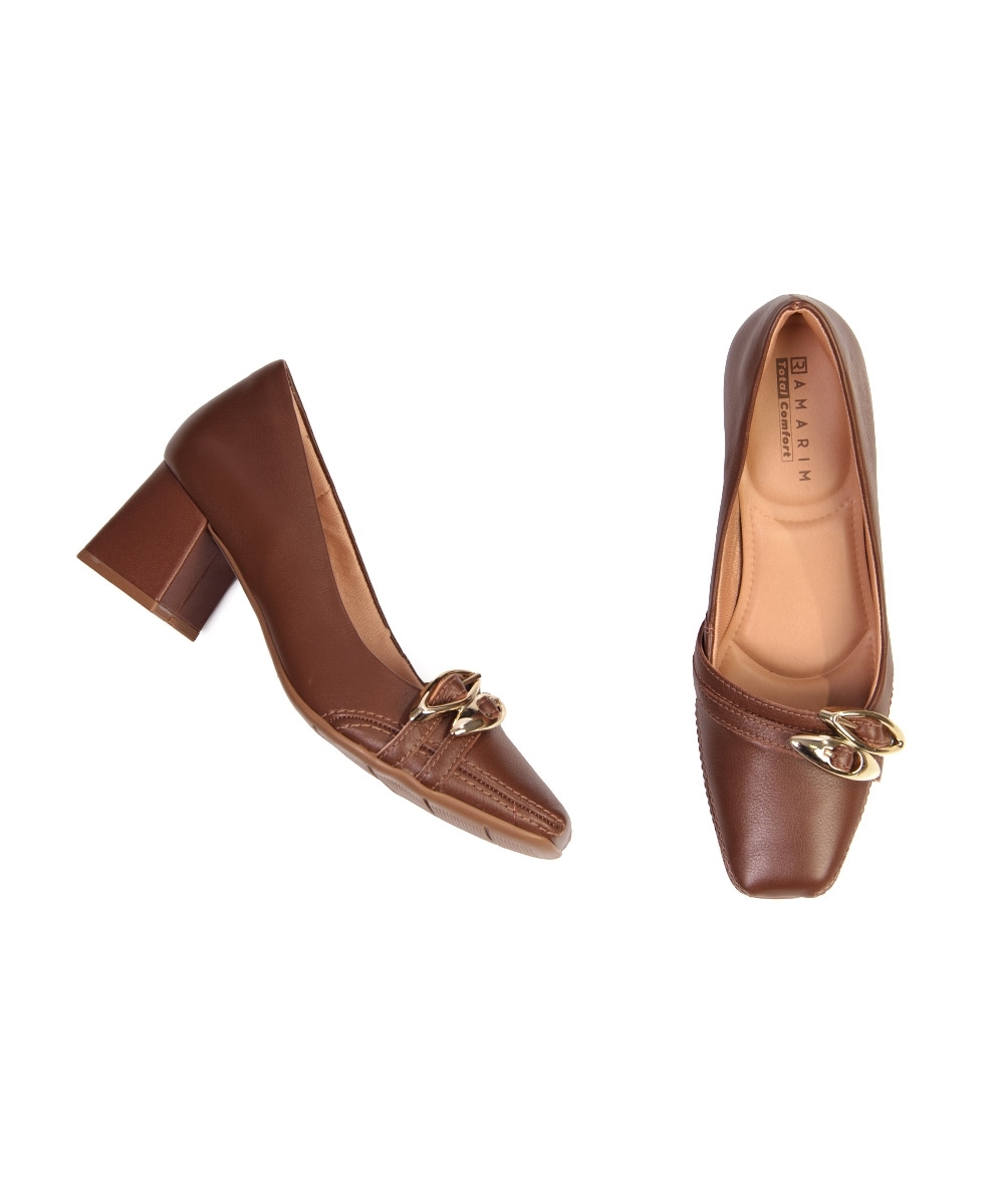 Sapato Feminino Ramarim Salto Bloco Couro Marrom