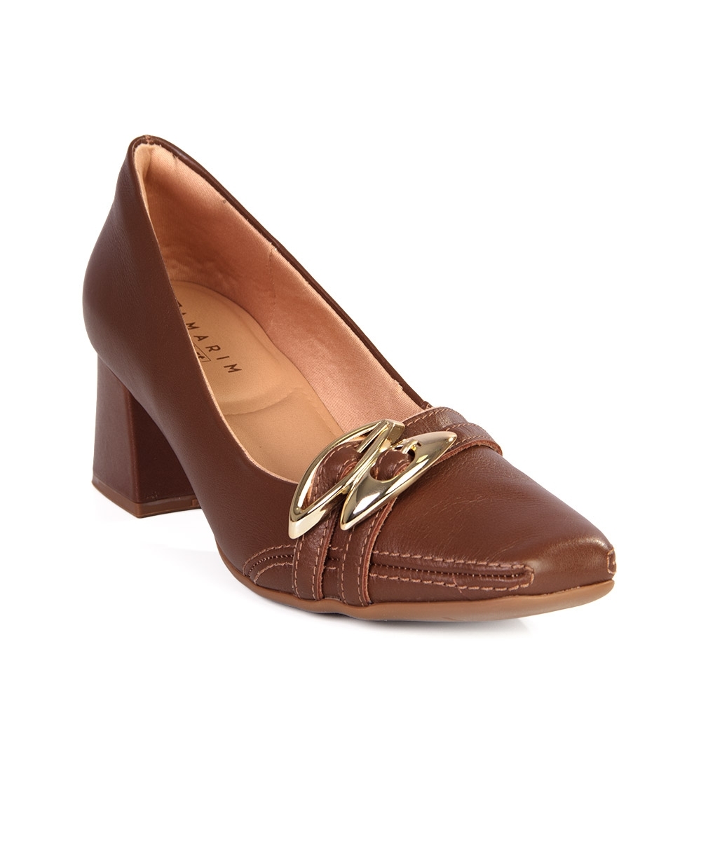 Sapato Feminino Ramarim Salto Bloco Couro Marrom