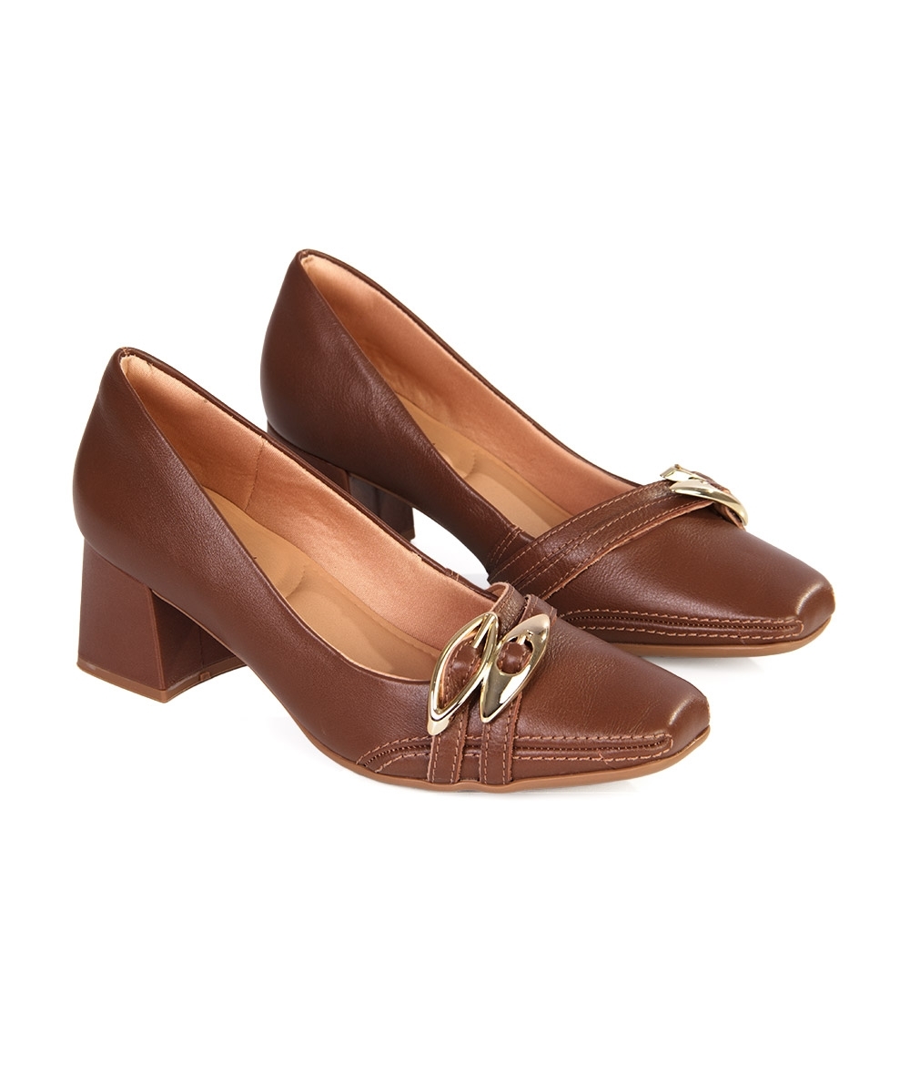 Sapato Feminino Ramarim Salto Bloco Couro Marrom