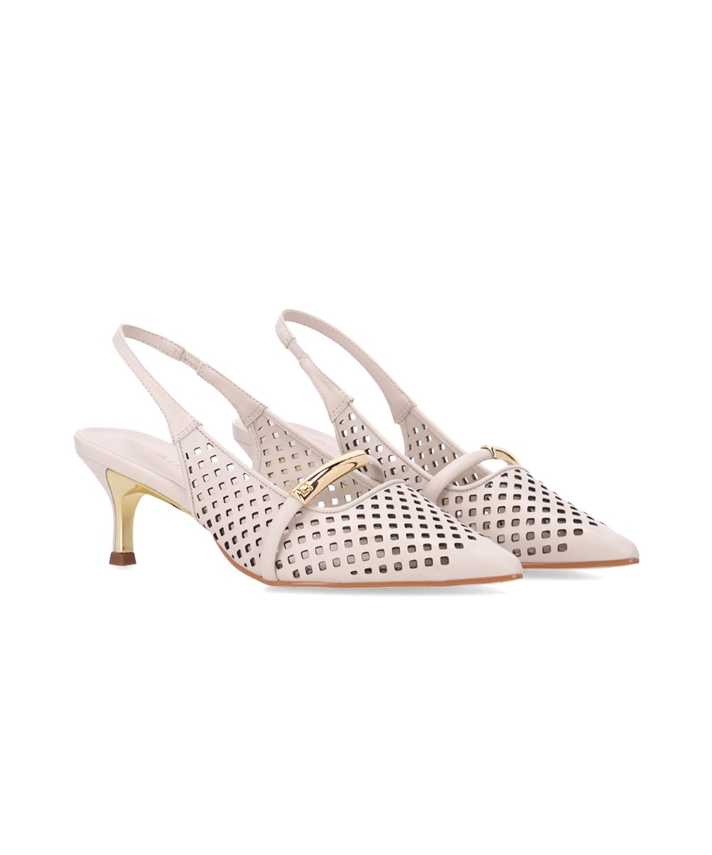 Sapato Slingback luz Da Lua Salto Fino Couro Panna