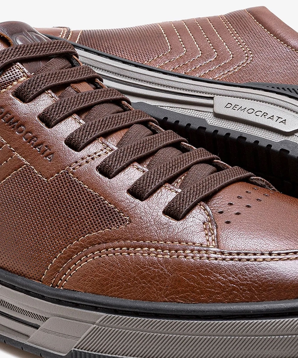 Tênis Masculino Democrata Denim Dylan Couro Conhaque