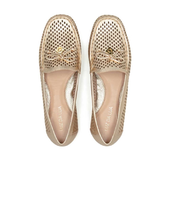 Mocassim Feminino Luz Da Lua Laço Couro Ouro